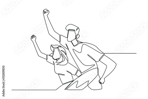 Continuous one line drawing young boy and girl give spirit by raising hand. International youth day concept. Single line draw design vector graphic illustration.