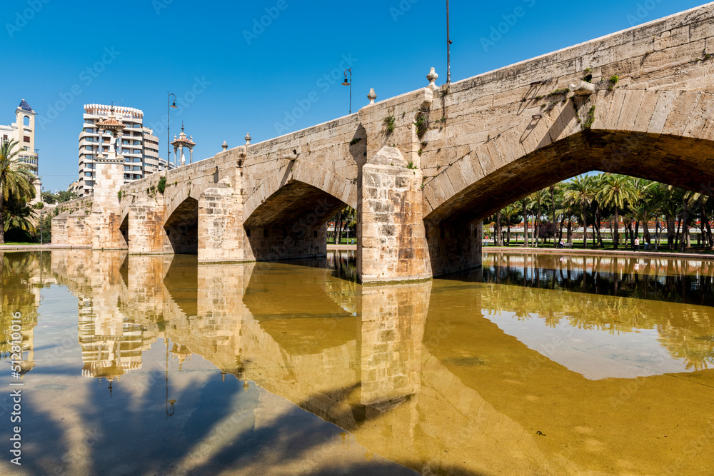 Pont del Real over the old Turia River in Valencia, Spain