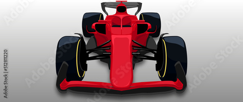 A red formula one racing car. Vector racing car front view. Symmetrical.  F1 car on a gray background. Wide format. Without stickers