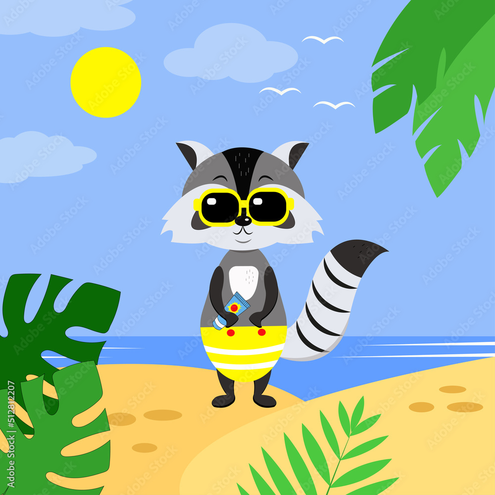 Vacation vibe. Cute funny raccoon on the beach on vacation is having a great time. Illustration in a flat style.