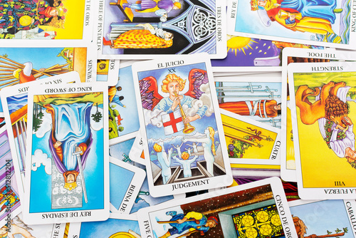 Kyiv, Ukraine - May 22, 2022 : Tarot cards, Rider Waite tarot cards,the judgement card in the foreground.