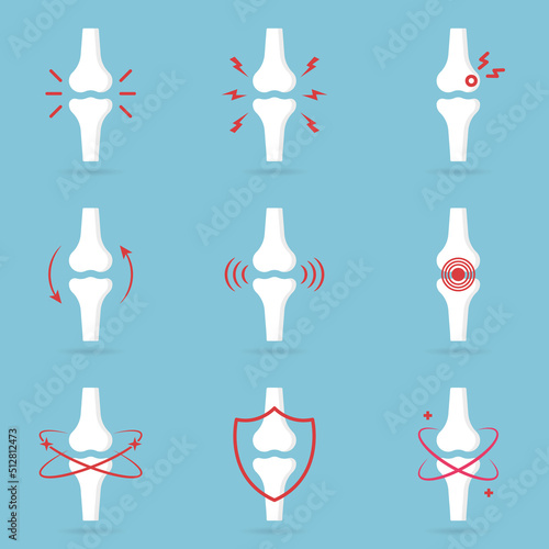 Knee Joint Pain Silhouette Icon Set. Ache of Knee, Hand, Leg Skeleton. Bones Pain, Injury and Inflammation. Arthritis, Osteoporosis and Bones Joint Illness Icon. Isolated Vector Illustration