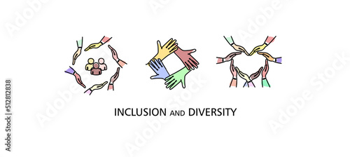Diversity and inclusion logos set.  Inclusive illustration for web, print, t-shirt, textiles, background, postcard. One line abstract illustration