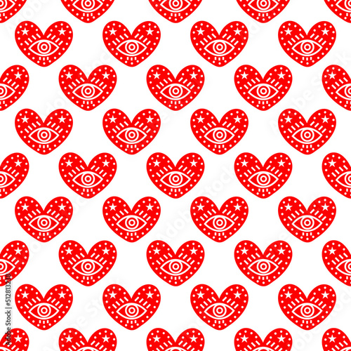 Seamless heart pattern decorated with an eye. Romantic pattern for Valentines Day. Vector illustration