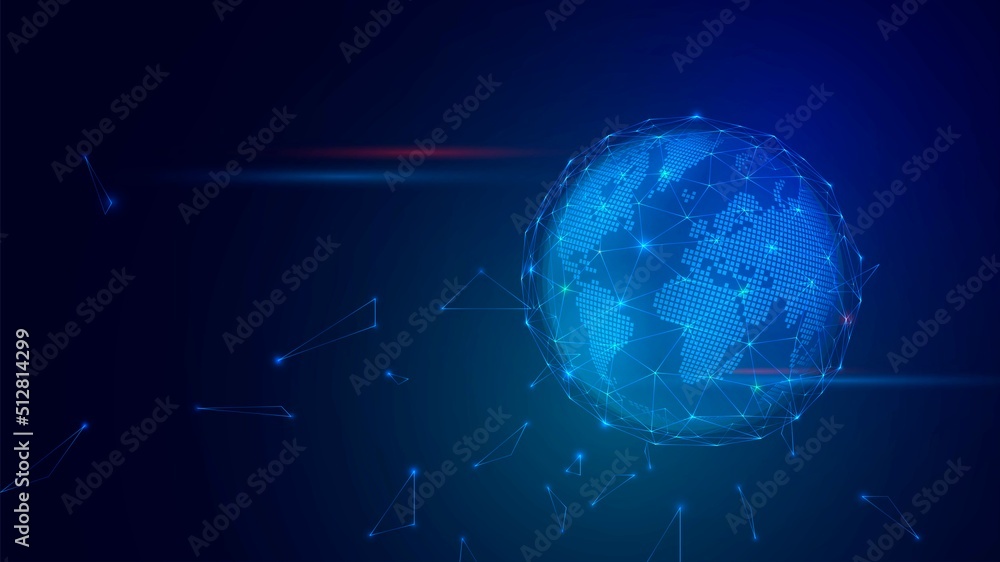 Fototapeta premium Blue glowing digital planet Earth with a triangular grid on the surface