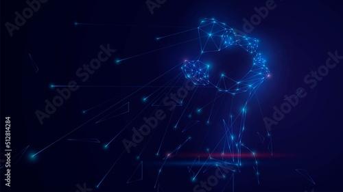 Human face from a luminous triangular blue grid on a black background