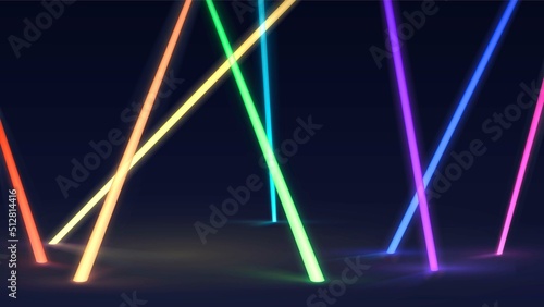 Multicolored glowing neon tubes in a dark room