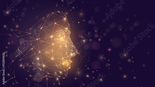 Human face from a luminous triangular golden grid and sparks