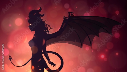 Silhouette of a devil or succubus girl on the background of a hellish flame photo