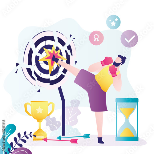 Strong man smashes target with kick. Powerful male character achieves goals. Business or sport achievements. Stubborn guy thinks about victory. Successful mission.