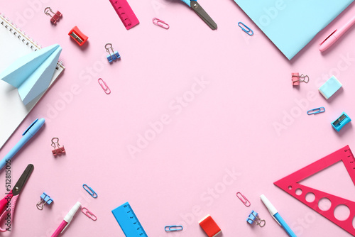 Flat lay school supplies and office stationery on pink background. Top view with copy space. Back to school concept.