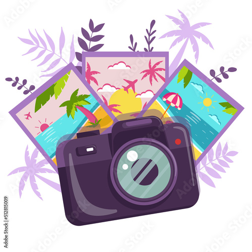 Vector flat illustration of camera and vacation photos. Summer greeting card. Vacation photos. Summer memories of sea.