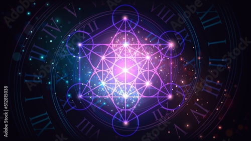 Glowing sacral symbol of Metatron's Cube on the background of space photo