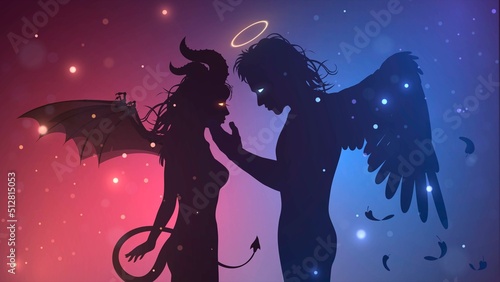 Silhouette of couple devil woman and angel man, concept of love of opposites