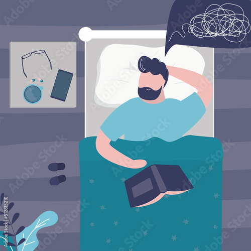 Male character suffering from insomnia. Tired man cannot sleep because of obsessive thoughts