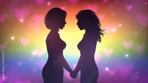 Silhouette of a couple of lesbian girls in love on the background of the LGBT flag