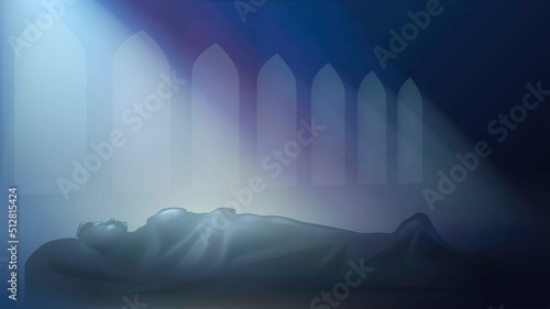 Statue or dead body in a tomb or temple in the sun