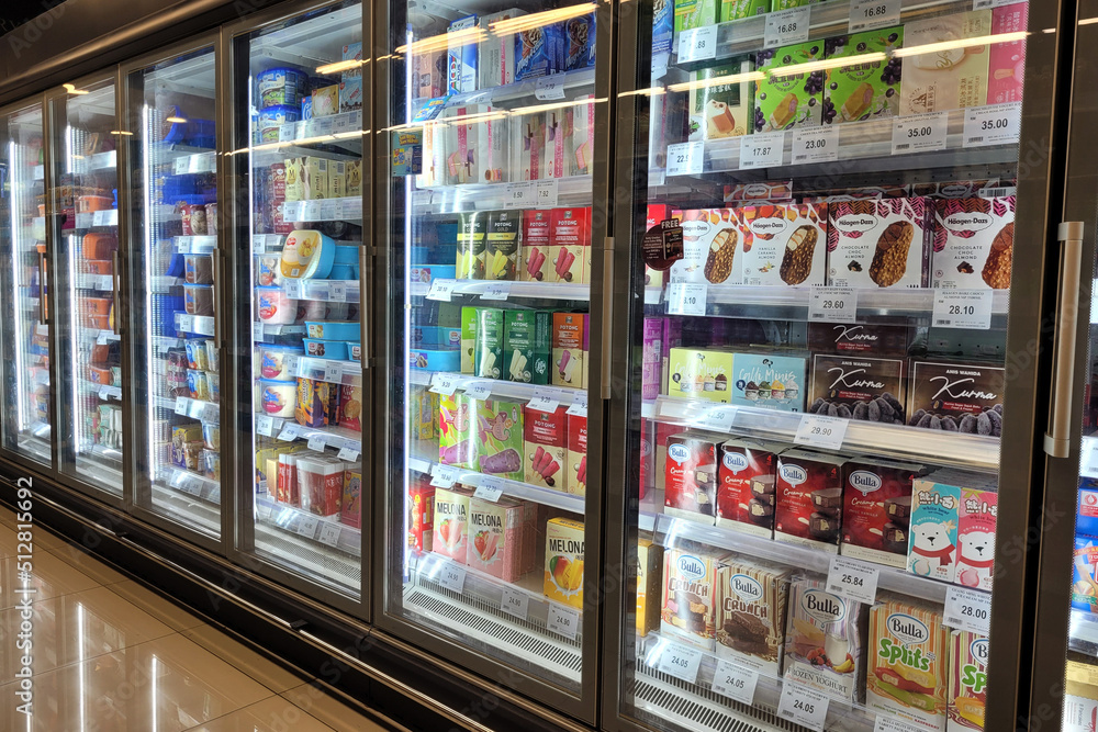Bangsar, Malaysia 20 June 2022 Interior view of the huge fridge with various brand ice cream