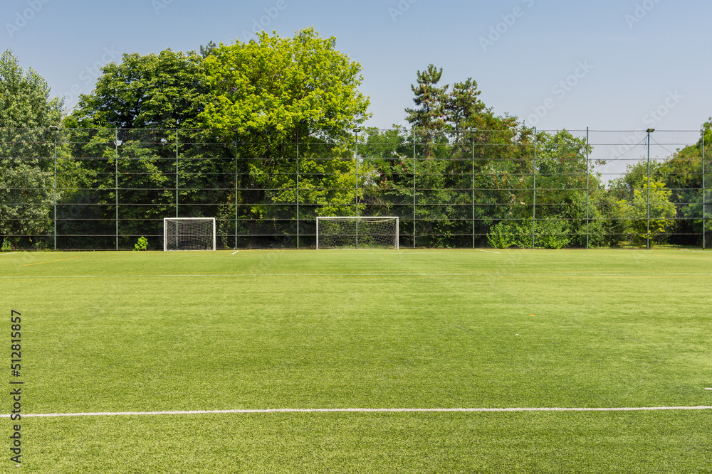 Soccer playground field with gates and net surrounded by trees somewhere in nature