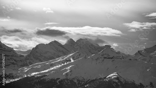 Black and white timelapse Bluemlisalp, Lauberhorn and Tschuggen in wintertime. Seen from Grindelwald First photo