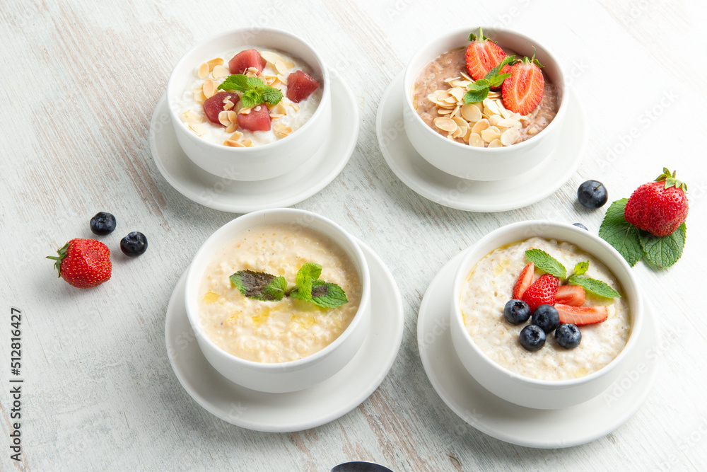 Breakfast. Various cereals decorated with berries Breakfast. Various cereals decorated with berries