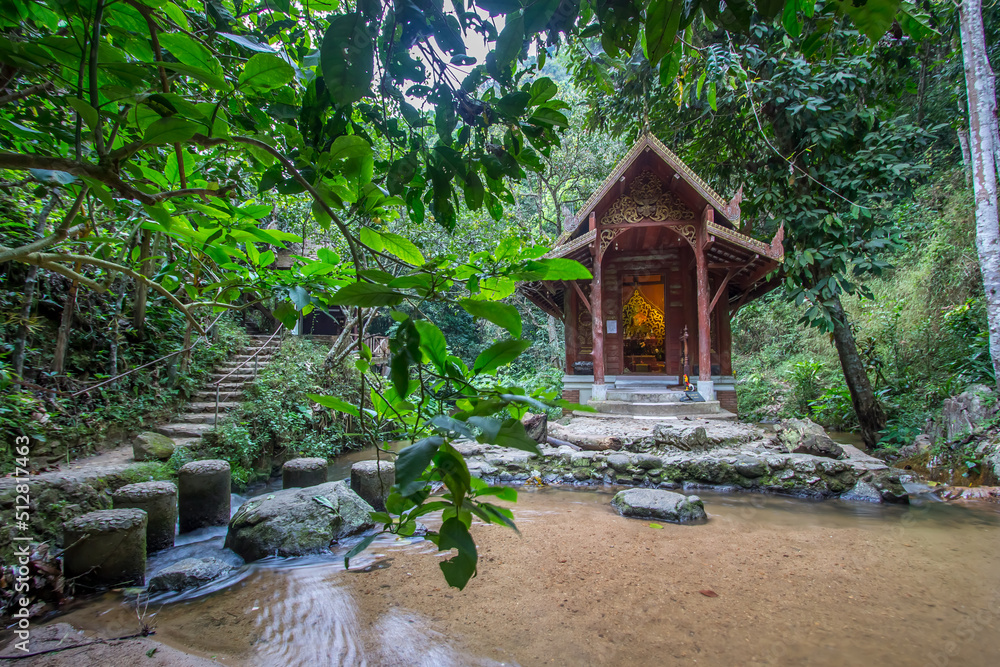 Mae On sub-district,Chiang Mai,northern Thailand on January 12,2019:Chapel of Kanta Prueksa Temple (Wat Mae Kampong) in Mae Kampong village stands right in the middle of the water.