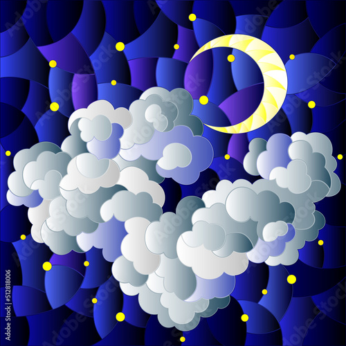 Illustration in stained glass style with celestial landscape, fluffy cloud on the background of starry sky and moon, square image