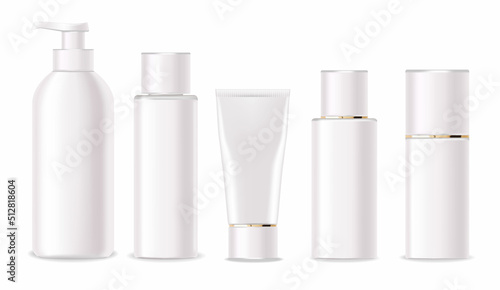Realistic package for body cosmetics set. Container lotion, tonic, serum, cream, bottle mockup isolated vector, package bottle cosmetics set, white plastic bottle collection