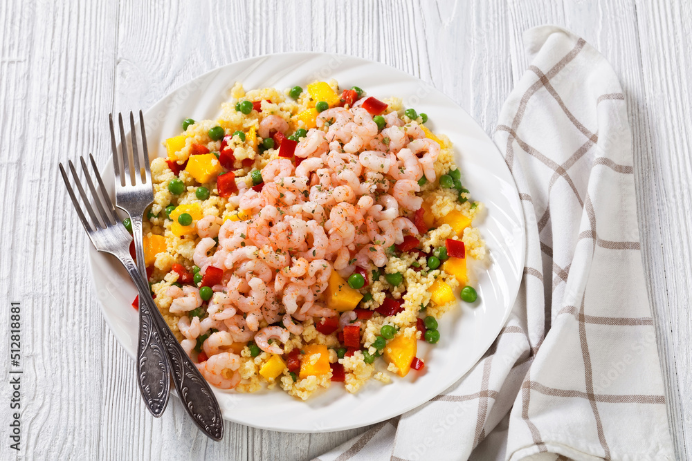 shrimps and millet pilaf with mango and veggies shrimps and millet pilaf with mango and veggies