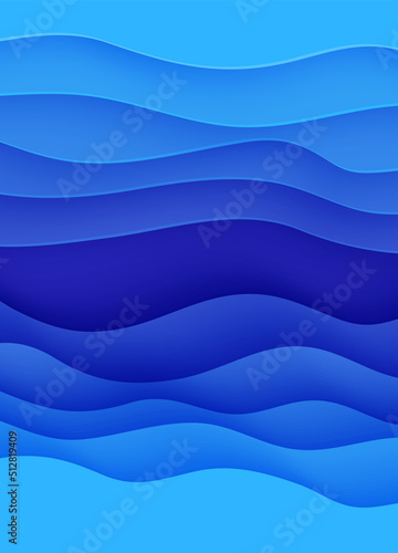 Abstract background with water waves in paper cut style. 3d wallpaper with cut out deep wavy modern cover. Blue color layers with smooth shadow papercut art. Vector illustration, origami shapes