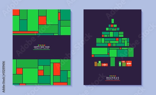 Set of Christmas posters in bauhaus style. Bright Christmas tree on black background and mosaic grid pattern. New year cards collection in red and green colour geometric shapes. Vector flyers