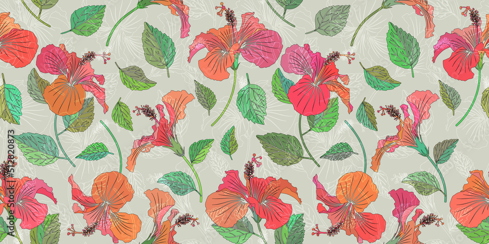 Summer flower seamless pattern. Tropical flowers bright color background. Hibiscus flower with leaves realistic repeatable backdrop. Summer flower seamless pattern. Tropical flowers bright color background. Hibiscus flower with leaves realistic repeatable backdrop.