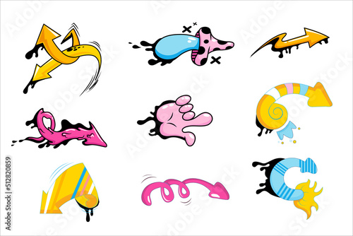 Retro arrows of various directions of the comic pop art set. Street art design elements set. Arrow doodle isolated on white background