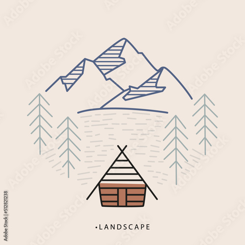 Vector illustration. Flat style of execution. The picture shows a mountain, a house or a tent and a spruce. Ideal as stickers, notebook and album covers as well as a screensaver.
