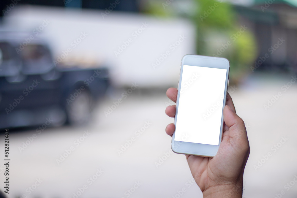 hand holding phone blank screen outdoor hand holding phone blank screen outdoor