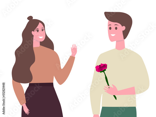  Flat vector illustration on a white background. A man gives a rose to a girl. Romantic concept. The illustration is made in warm colors. Cartoon drawing.
