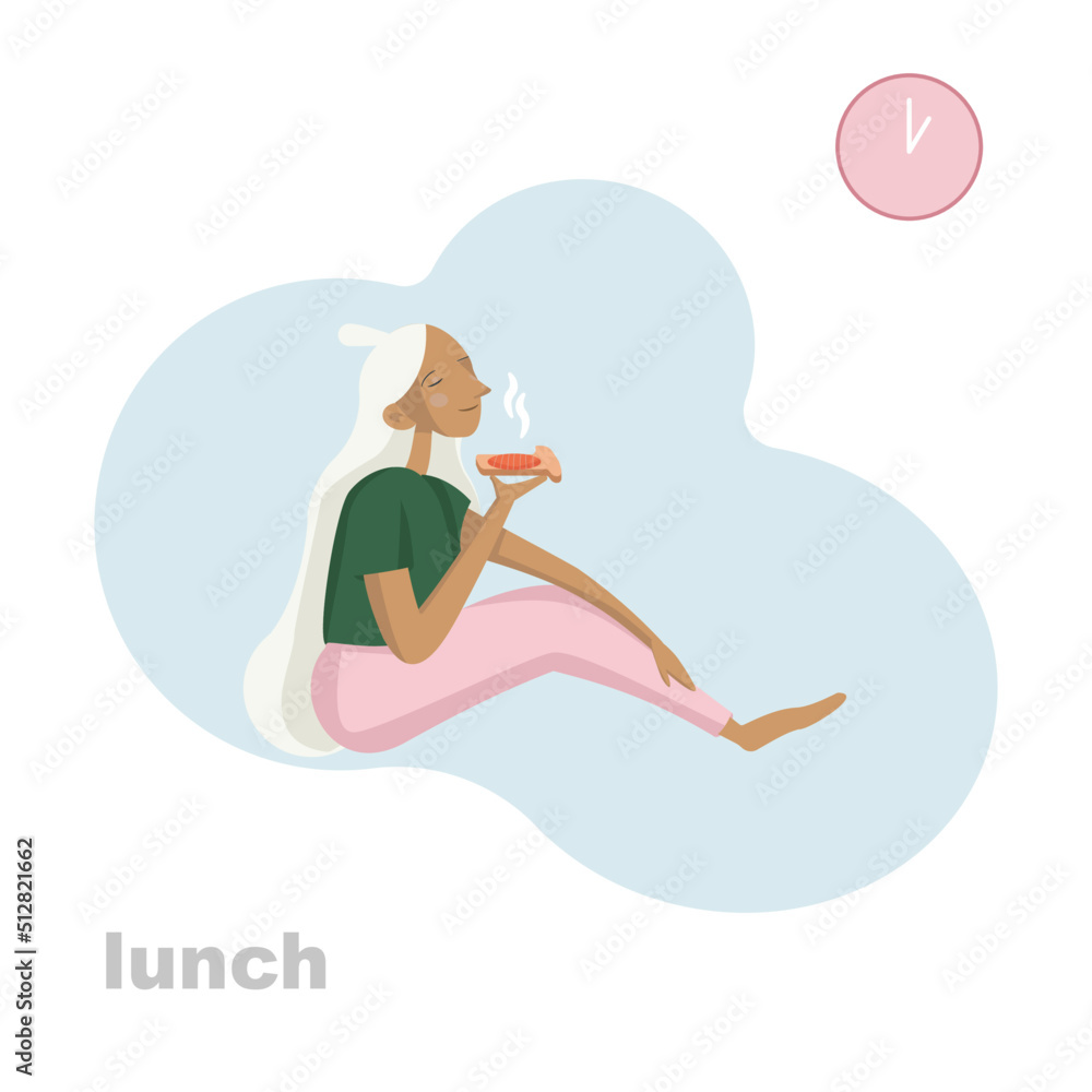 Flat style vector illustration isolated on white background.Pretty woman in green t-shirt and pink pants. In his hands she holds a sandwich with red fish. Flat style vector illustration isolated on white background.Pretty woman in green t-shirt and pink pants. In his hands she holds a sandwich with red fish.