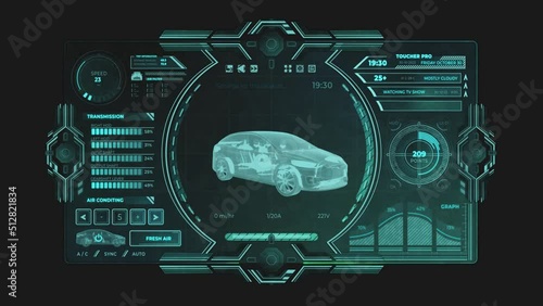 Futuristic holographic car screen with digital technology elements blue. hi-tech style hud element. 4K high quality animation.