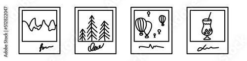 Set of cute photo frame memories from vacation. Instant camera pic for photo album. Fun minimalist drawing for a trip