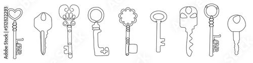 Set of continuous line key icons. Minimalist keys illustration. Vector elements for real estate sale, security concept