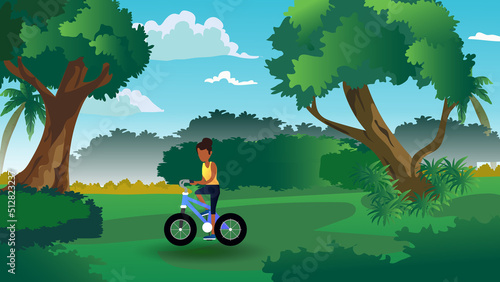 woman with bike, traveller or explorer standing on top of mountain or cliff and looking on valley. Concept of discovery, exploration, hiking, adventure tourism and travel. Flat vector illustration.
