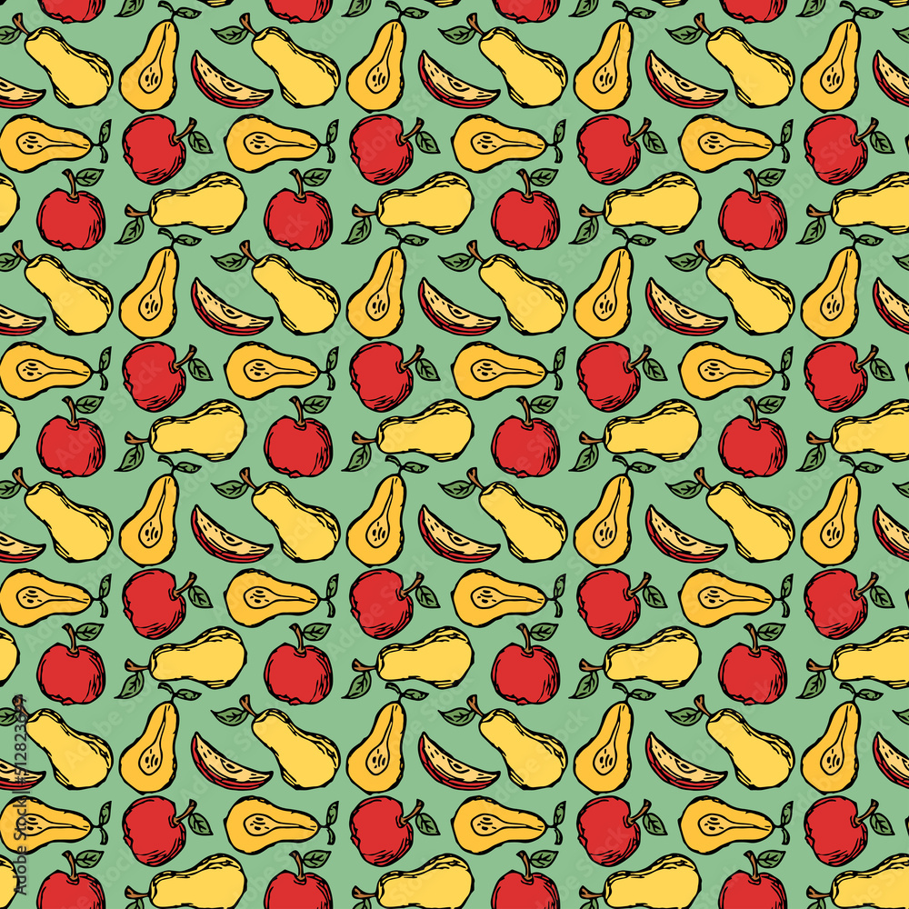 Seamless fruit pattern. Colored apple and pear background. Doodle vector illustration with fruits