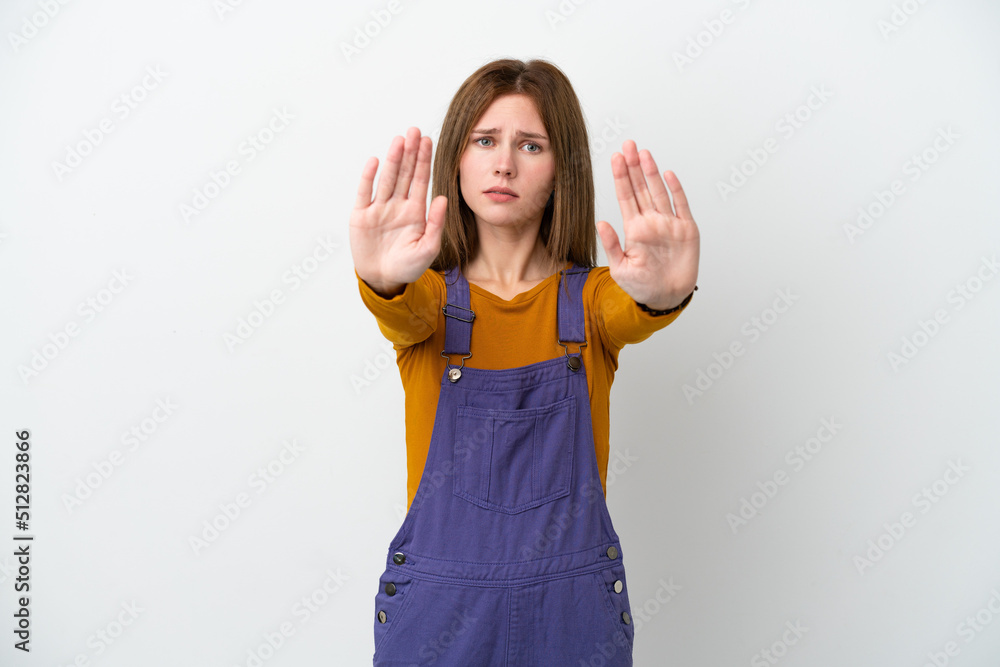 Young English woman isolated on white background making stop gesture and disappointed Young English woman isolated on white background making stop gesture and disappointed