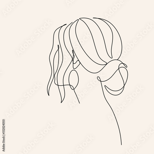 Woman Line Art Minimalist Logo. Nature Organic Cosmetics Makeup Hair stylist.  Feminine Illustration line drawing. Woman face with beautiful hair.  Woman portrait. Abstract Modern surreal continuous