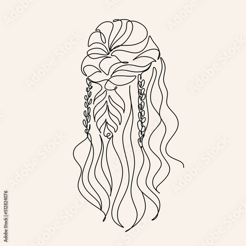 Woman Line Art Minimalist Logo. Nature Organic Cosmetics Makeup Hair stylist.  Feminine Illustration line drawing. Woman face with beautiful hair.  Woman portrait. Abstract Modern surreal continuous