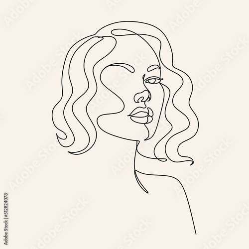 Woman Line Art Minimalist Logo. Nature Organic Cosmetics Makeup Hair stylist. Feminine Illustration line drawing. Woman face with beautiful hair. Woman portrait. Abstract Modern surreal continuous