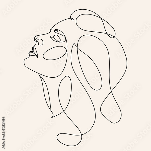 Woman Line Art Minimalist Logo. Nature Organic Cosmetics Makeup Hair stylist.  Feminine Illustration line drawing. Woman face with beautiful hair.  Woman portrait. Abstract Modern surreal continuous