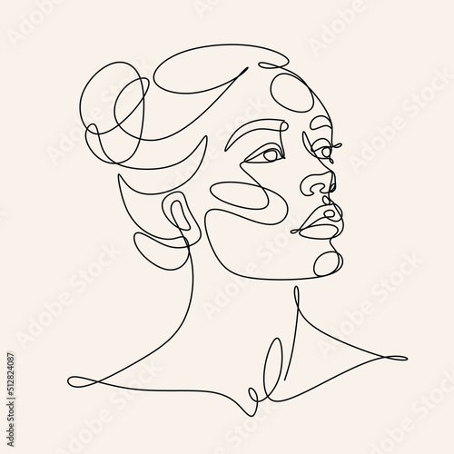 Woman Line Art Minimalist Logo. Nature Organic Cosmetics Makeup Hair stylist.  Feminine Illustration line drawing. Woman face with beautiful hair.  Woman portrait. Abstract Modern surreal continuous