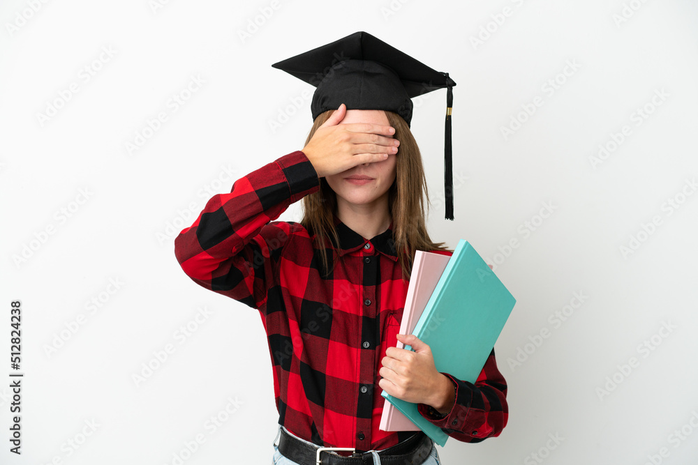 Young English student woman isolated on white background covering eyes by hands. Do not want to see something Young English student woman isolated on white background covering eyes by hands. Do not want to see something