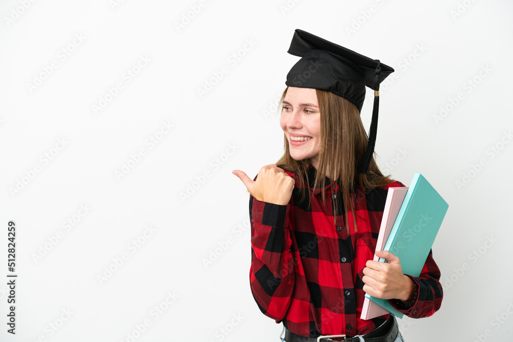 Young English student woman isolated on white background pointing to the side to present a product Young English student woman isolated on white background pointing to the side to present a product